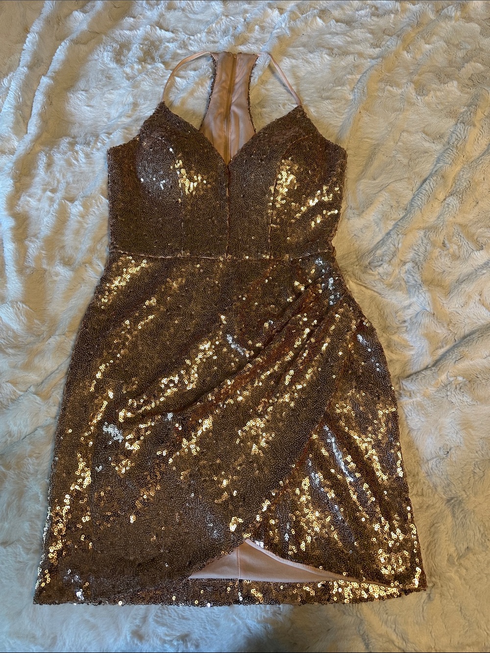 B Darlin Rose Gold Sequin Wrap Mini Dress